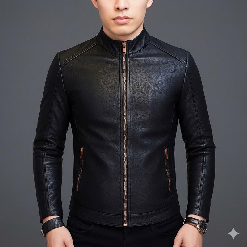  Áo khoác da nam cổ trụ dáng ôn body khoá kéo đồng bằng đồng cao cấp bên trong lót lông siêu ấm 