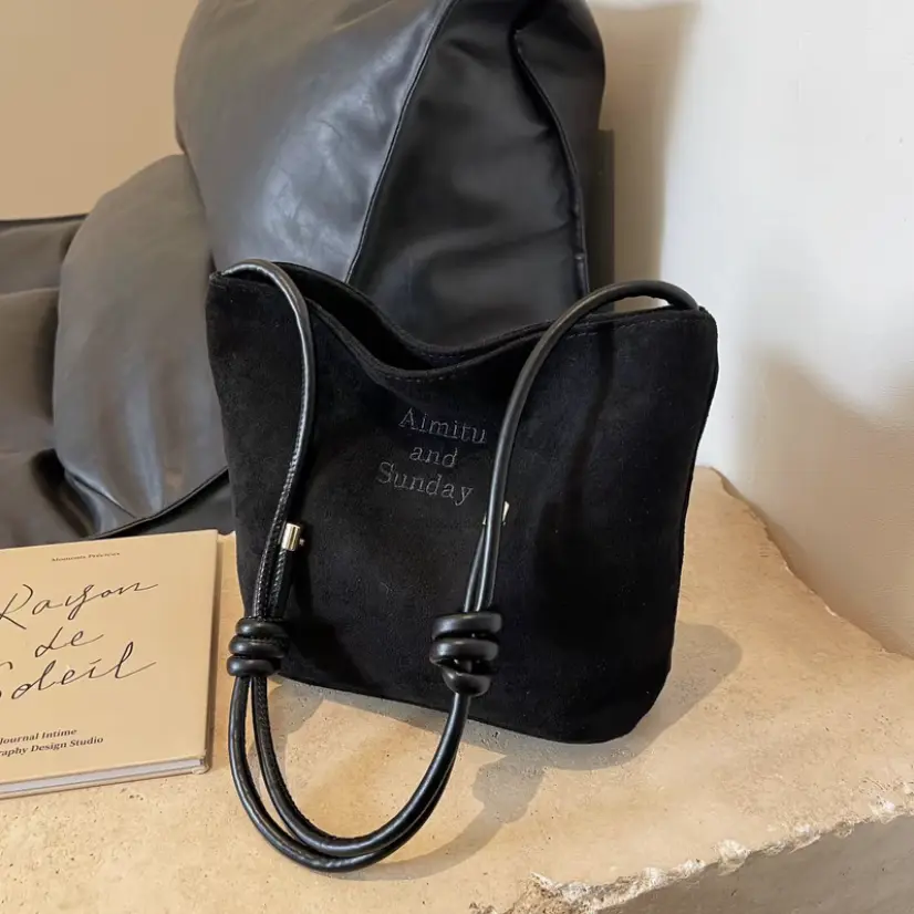 Tas Bahu Retro Kulit Rusa, Tas Wanita Warna Solid Kasual, Tas Tangan Kapasitas Besar Modis Tas Ember Kualitas Tinggi Tas Selempang Ketiak