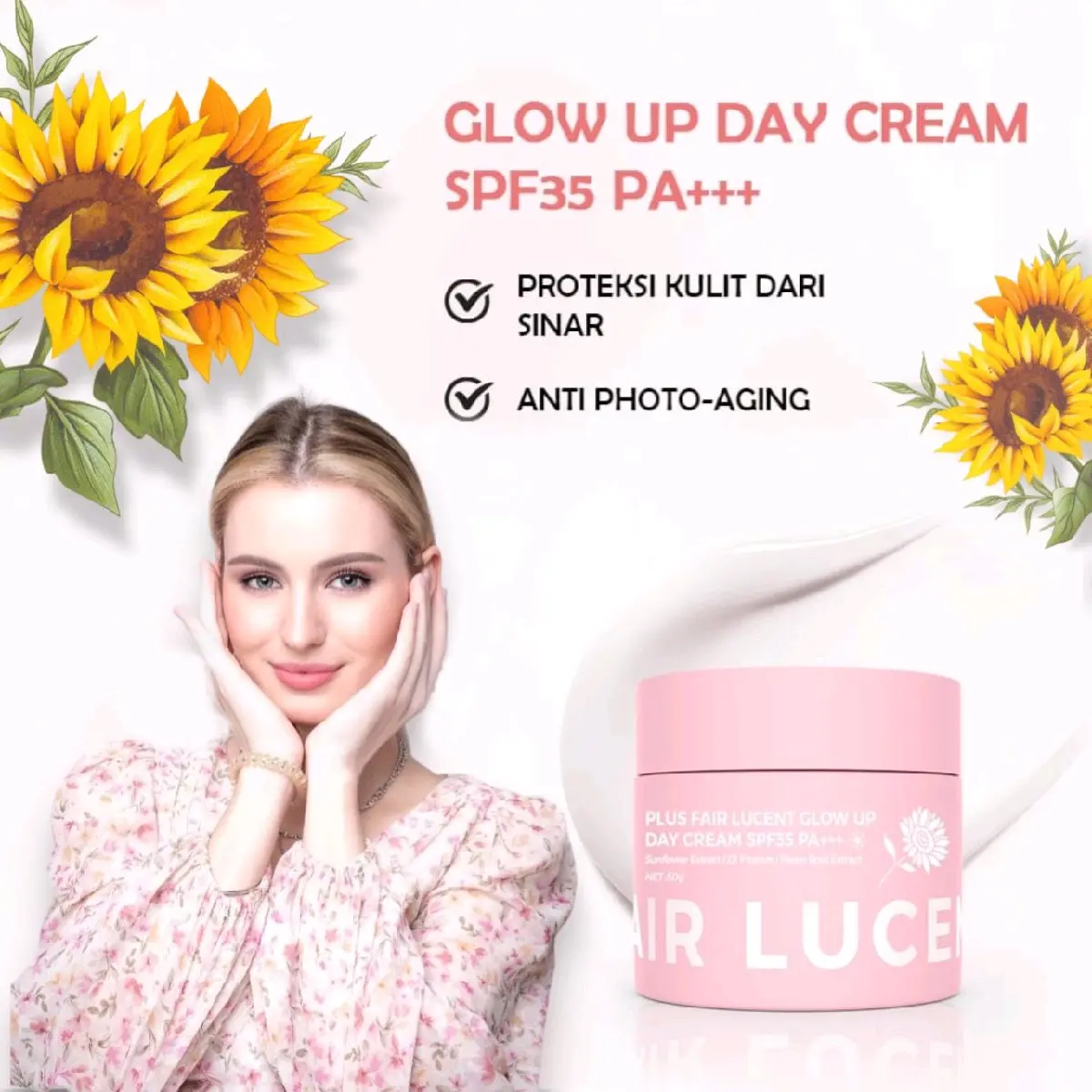 Shine Russia+ DAY CREAM SKINCARE BUNGA MATAHARI SPF 35 PA +++ dengan Sunflower Extract, Peony Root Extract untuk mencerahkan, melembapkan, atasi flek hitam, melindungi wajah dari sinar UV