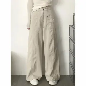 COD lulu Jeans krem untuk wanita musim panas baru pinggang tinggi ukuran kecil longgar celana lurus kaki lebar jeans wanita