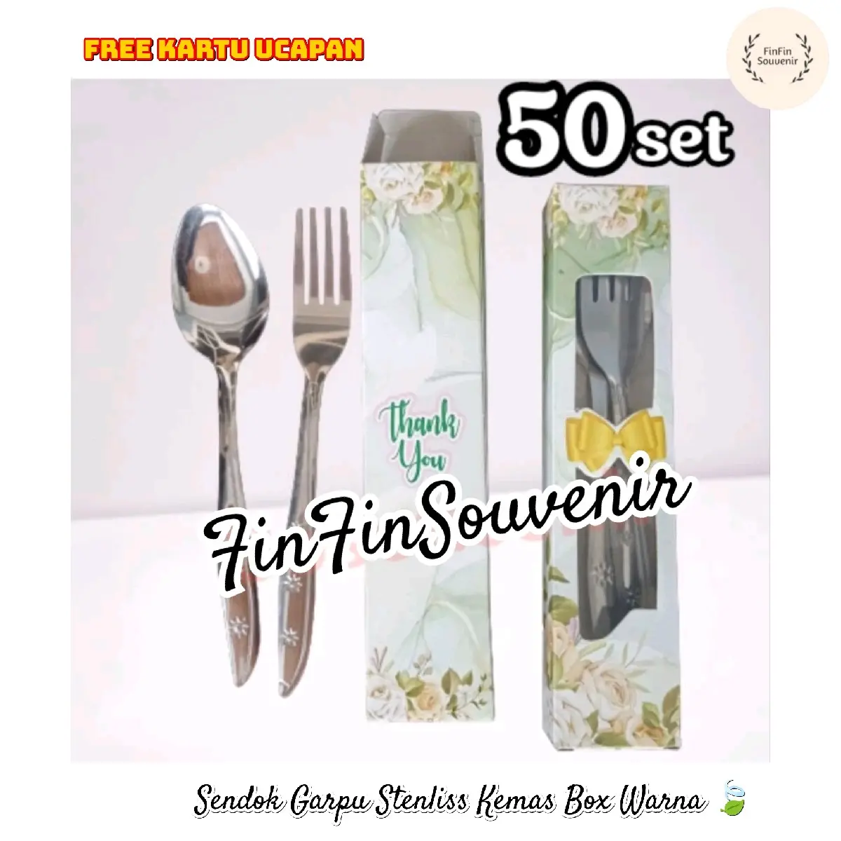 (isi 50set) Souvenir sendok garpu Stenliss kemas box warna motif bonus kartu ucapan terimakasih