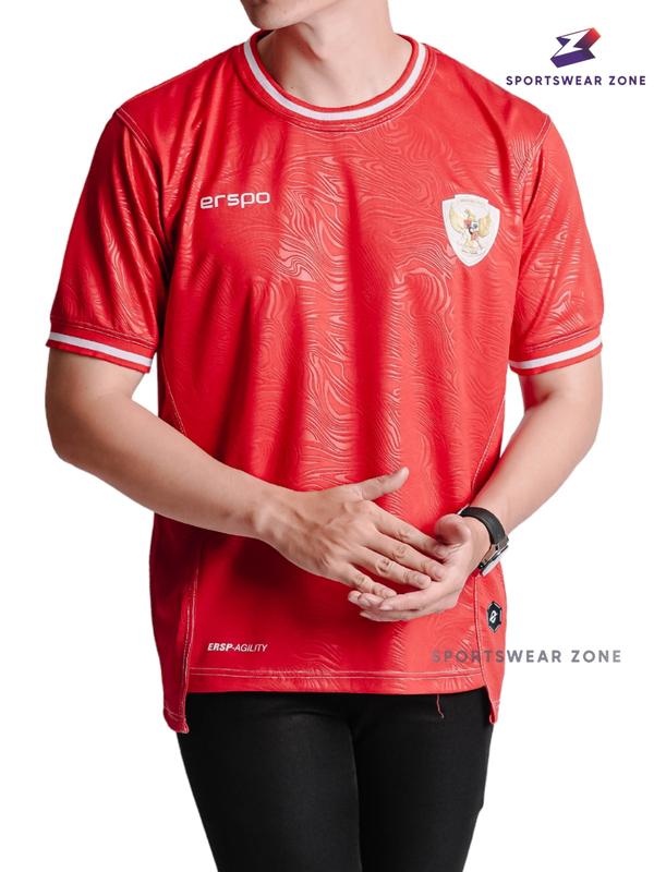 Jersey Timnas Indonesia Erspo Merah Home 2024 Lengan Pendek Pria Wanita Unisex Bahan Brazil Embos Terbaru Terlaris SportsWearZone 4