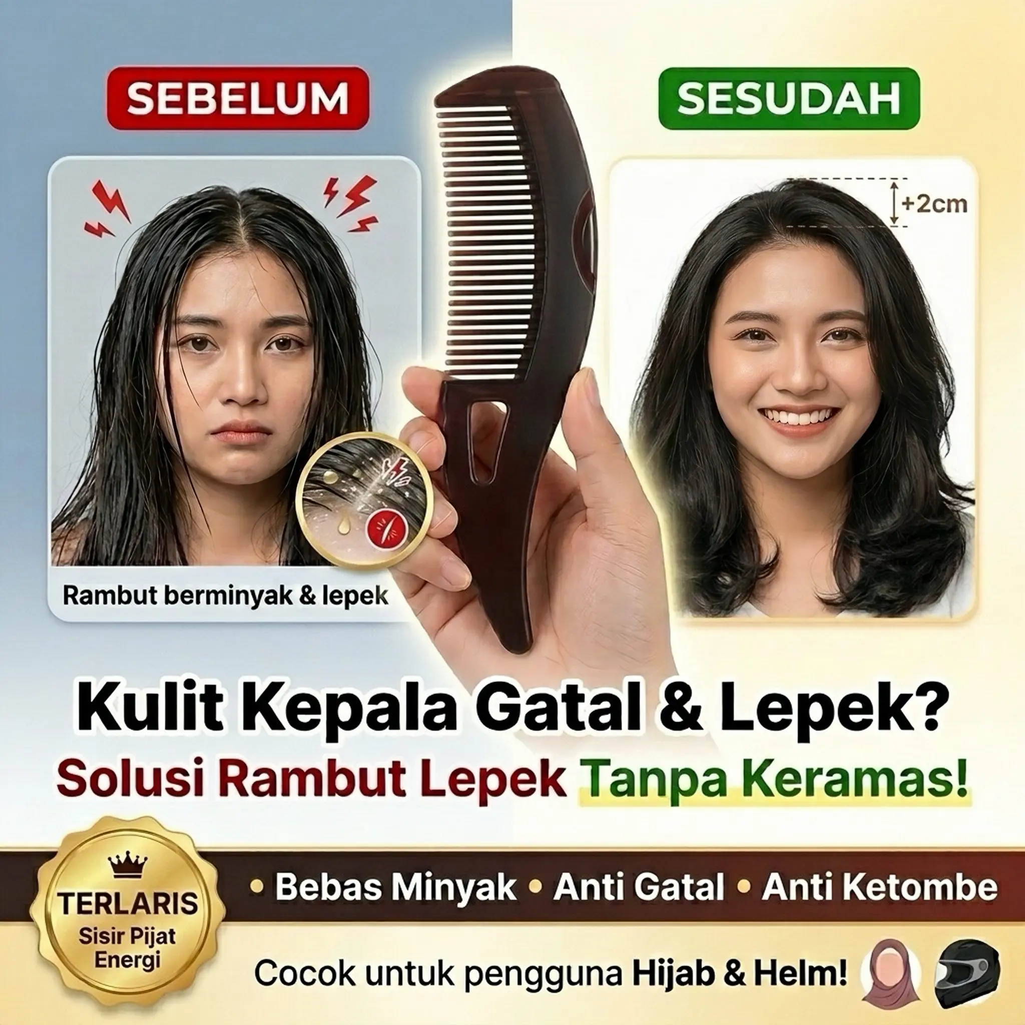 DR [TERLARIS] Sisir Pijat Energi Rambut Bervolume Bebas Lepek Tanpa Keramas - Anti Gatal & Ketombe Cocok untuk Pengguna Helm Hijab/2.0