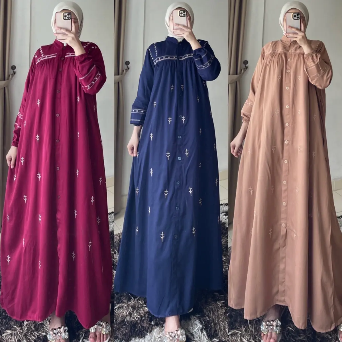 JN- Nadzara Dress Full Kancing Rayon Bordir Gamis Wanita Tren Muslim Panjang Maxi Katun