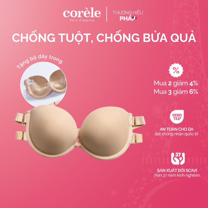 Áo lót su chống tuột/tụt, dáng quây cup ngang có gọng mút 2cm - mặc áo cúp ngực, ba lỗ, váy trễ vai chuẩn Oeko-Tex | Corèle Pháp 61177A
