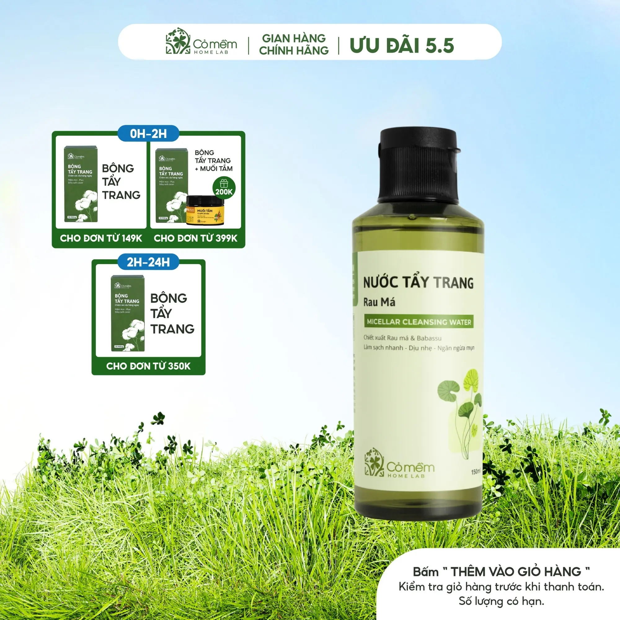 Nước Tẩy Trang Và Làm Sạch Sâu Rau Má Cho Da Mụn Da Dầu Nhạy Cảm Cỏ Mềm 150ml