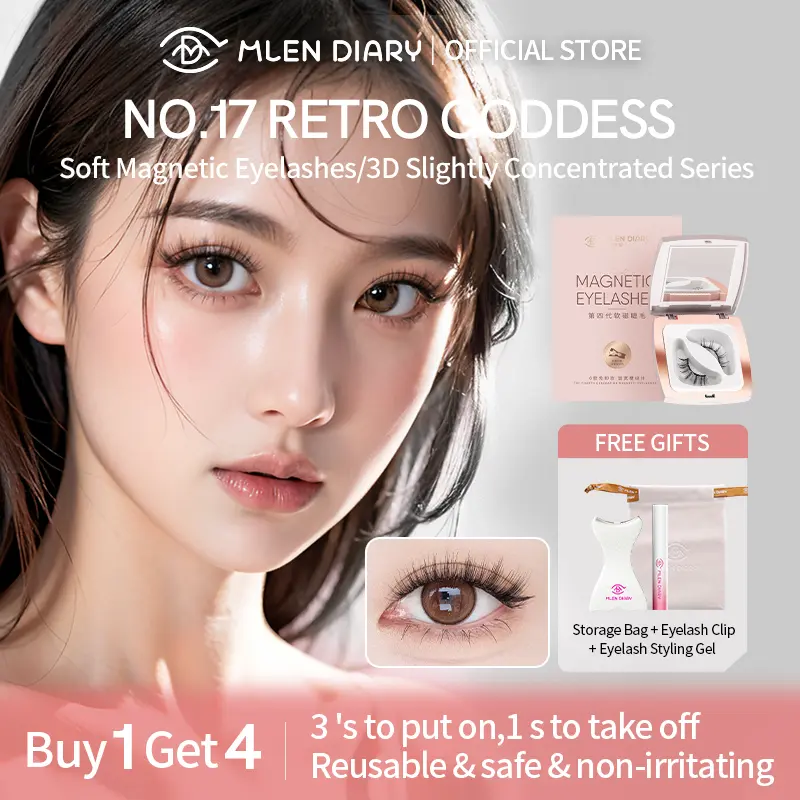 MLEN DIARY--soft magnetic eyelashes--4D dense series--NO.17 Retro goddess--Eyelash length 10-14mm --Eyelash width 23-24mm--Amazing volume, reusable eyelashes, fluffy and slim
