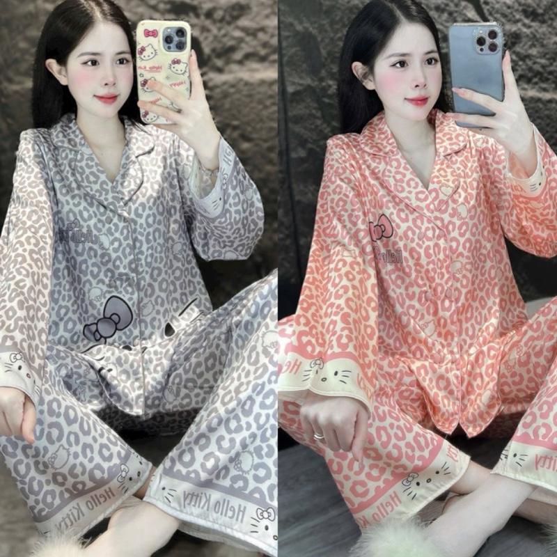 SIZE TO 60-75Kg Đồ Bộ Nữ Chất Vải Lụa Mịn Mềm Thoáng Mát Tay Ngắn Quần Dài In Họa Tiết Beo Hồng