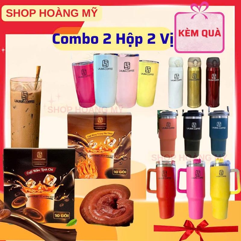 2 HỘP 2 VỊ KÈM QUÀ Laura Coffee Hộp 10 gói 18g gói Vị Nấm Linh Chi Và Vị Đông Trùng Hạ Thảo