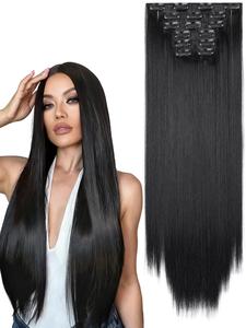 Set de 6 piezas de extensiones de cabello con clip, cabello largo y recto, naturales y suaves para mujeres, sintético resistente al calor para uso diario y festivo.