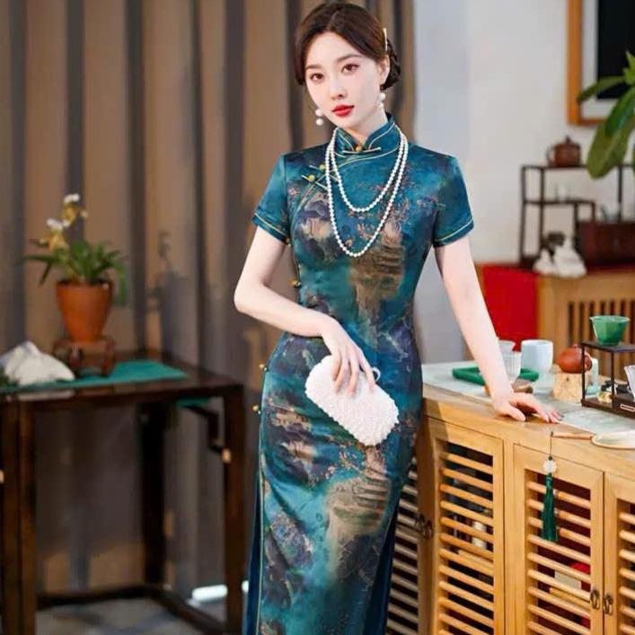 Váy Đầm Sườn Xám Thượng Hải Thun Xanh Mềm Mại Co Giãn 4 Chiều Không Bai Không Xù Không Nhăn SX25