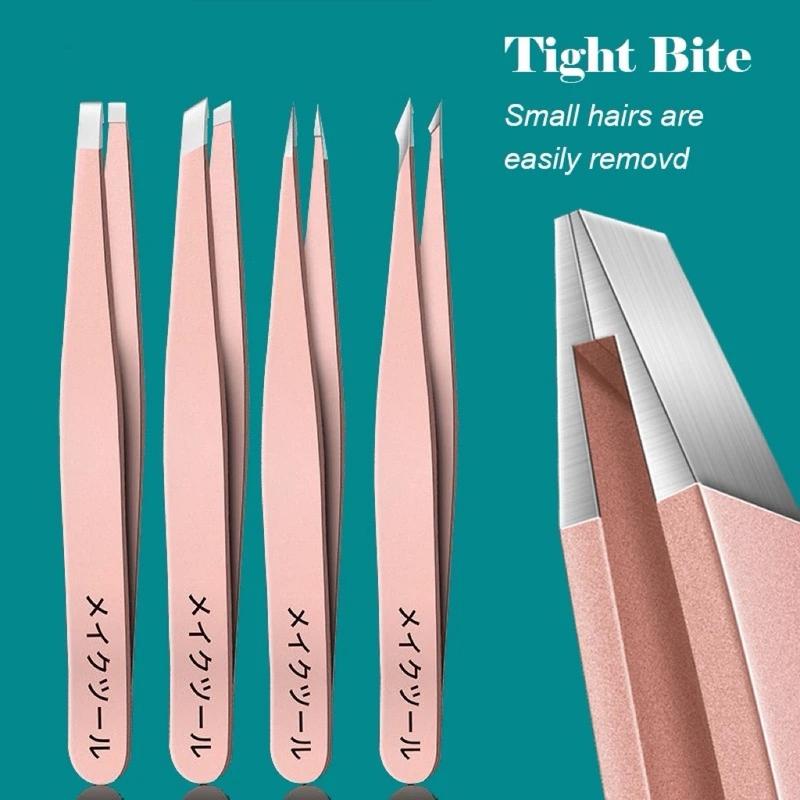 Product Introduction of 4Pcs Precision Stainless SteelTweezers For Eyebrow HairFacial Hair Removal,Splinter, Blackhead Slant TipAngle Tip Pointed Tip Makeup Durable Cosmetic 1