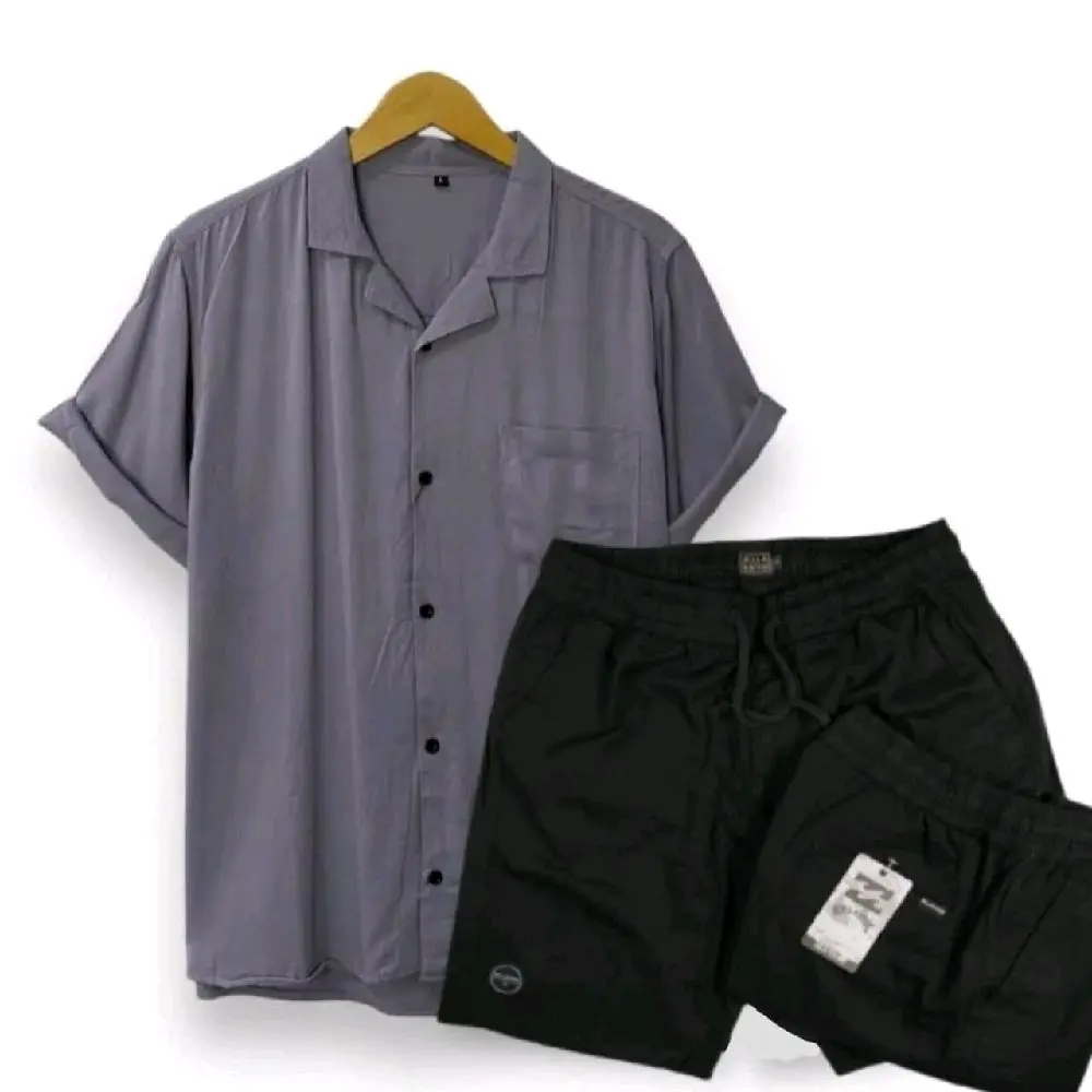 ONE SET SETELAN kemeja Pria Polos Lengan pendek Harga murah Premium Dan Celana BoardShort Bahan Premiun Casual