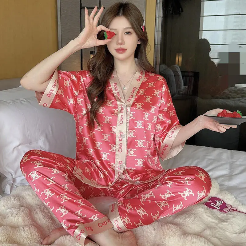 M 3XL Plus Size lady pamas women Style Ladies Ice Silk Summer Short Sleeved sleepwearTrousers bu tidur wanita murah