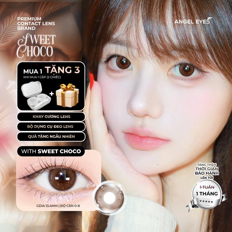 Lens nâu tự nhiên 0-8 độ Sweet Choco thương hiệu Angel Eyes, kính áp tròng nâu giãn nhẹ cho mắt thở 12h ngày thích hợp đi cho các bạn nữ đi chơi, đi làm, chụp ảnh