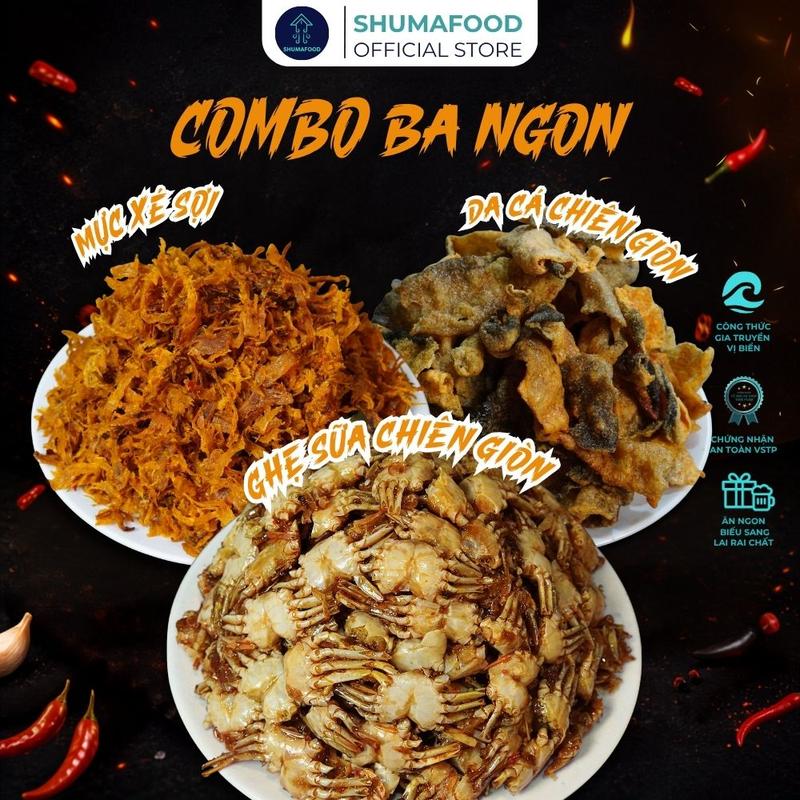 Combo Ba Ngon gồm 160g Khô Ghẹ Sữa chiên giòn, 90g khô da cá chiên giòn, 120g khô Mực xé ShumaFood snack ăn vặt