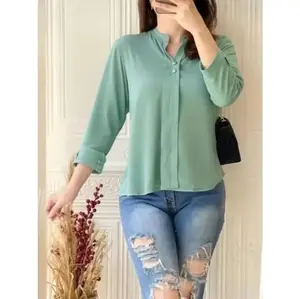 BLUS KENIT ATASAN KEMEJA WANITA BELLA PILOS MODEL TERBARU LENGAN 3/4 TERPOPULER SAAT INI Dengan Warna Hijau Muda dan Desain Casual blouse korea