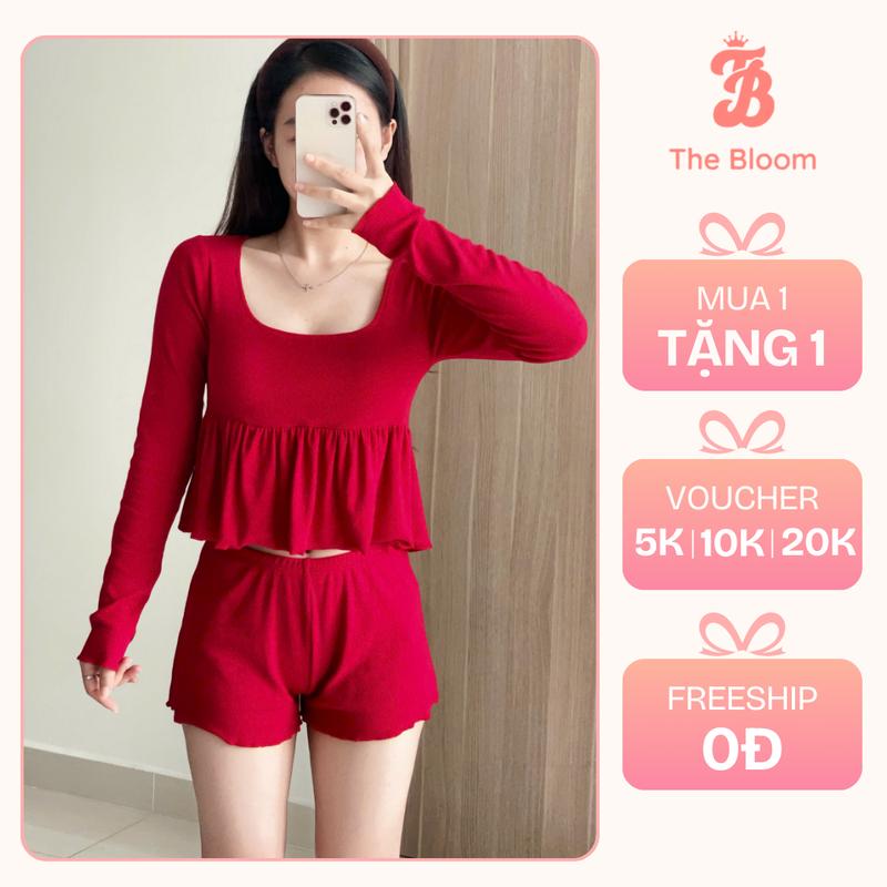  THE BLOOM  TẶNG CHIP  Set Bộ Đồ Mặc Nhà Baby Doll Áo Tay Dài Và Quần Đùi Chất Thun Cotton Mềm Mịn Bộ Đồ Ngủ Nữ Thu Đông Baby Doll Quần Short Lưng Vừa - SE097 