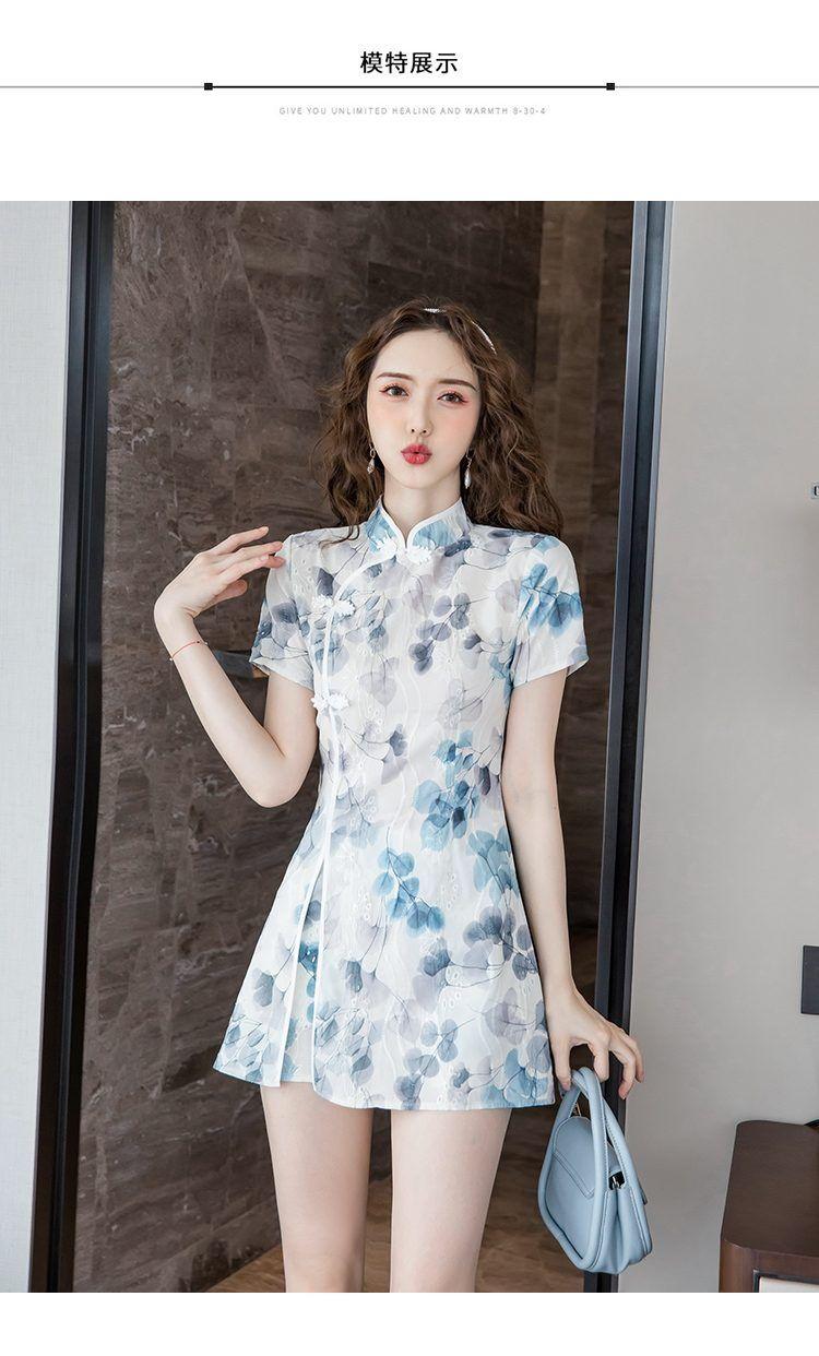 Product Introduction of 2024 Summer New Korean Style Elegant Young Style Embroidered Slimming Improved Cheongsam Dress Shorts Two-piece Suit 6