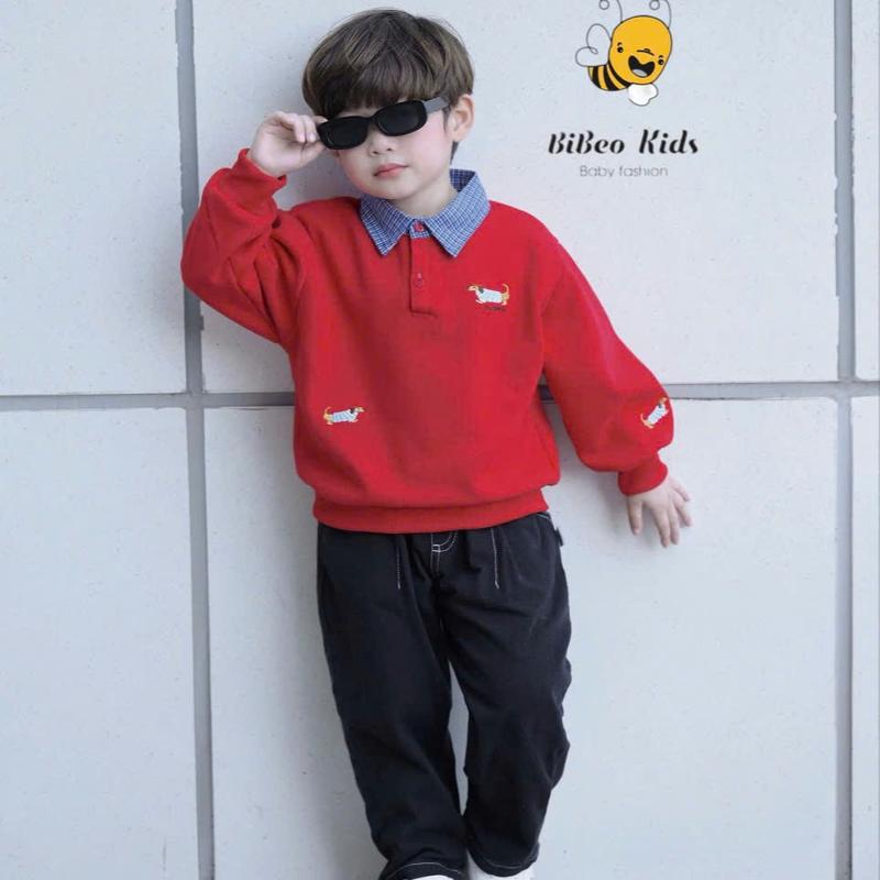 BiBeo Kids Bộ Quần Áo NỈ ÁO ĐỎ PHỐI CỔ SƠMI XANH QUẦN GIẢ BÒ ĐEN cho bé trai ,Bộ quần áo dài tay cho bé