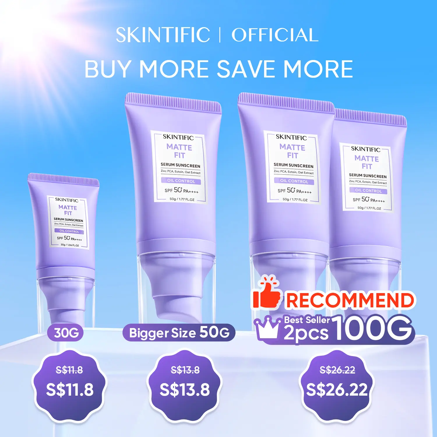 [SKINTIFIC OFFICIAL] SKINTIFIC Matte Fit Sunscreen 30g/50g Oil Control Pore-Fection Serum Sunscreen shine free Skin Repair with SPF 50+PA++++ Facial Skincare