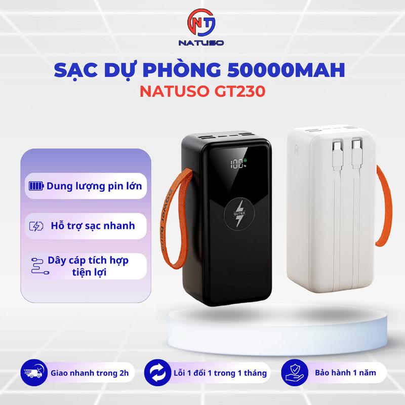 [Tặng sạc 3 đầu] Pin sạc dự phòng NT230 dung lượng lớn 50000mAh sạc nhanh 22,5W tích hợp dây sạc
