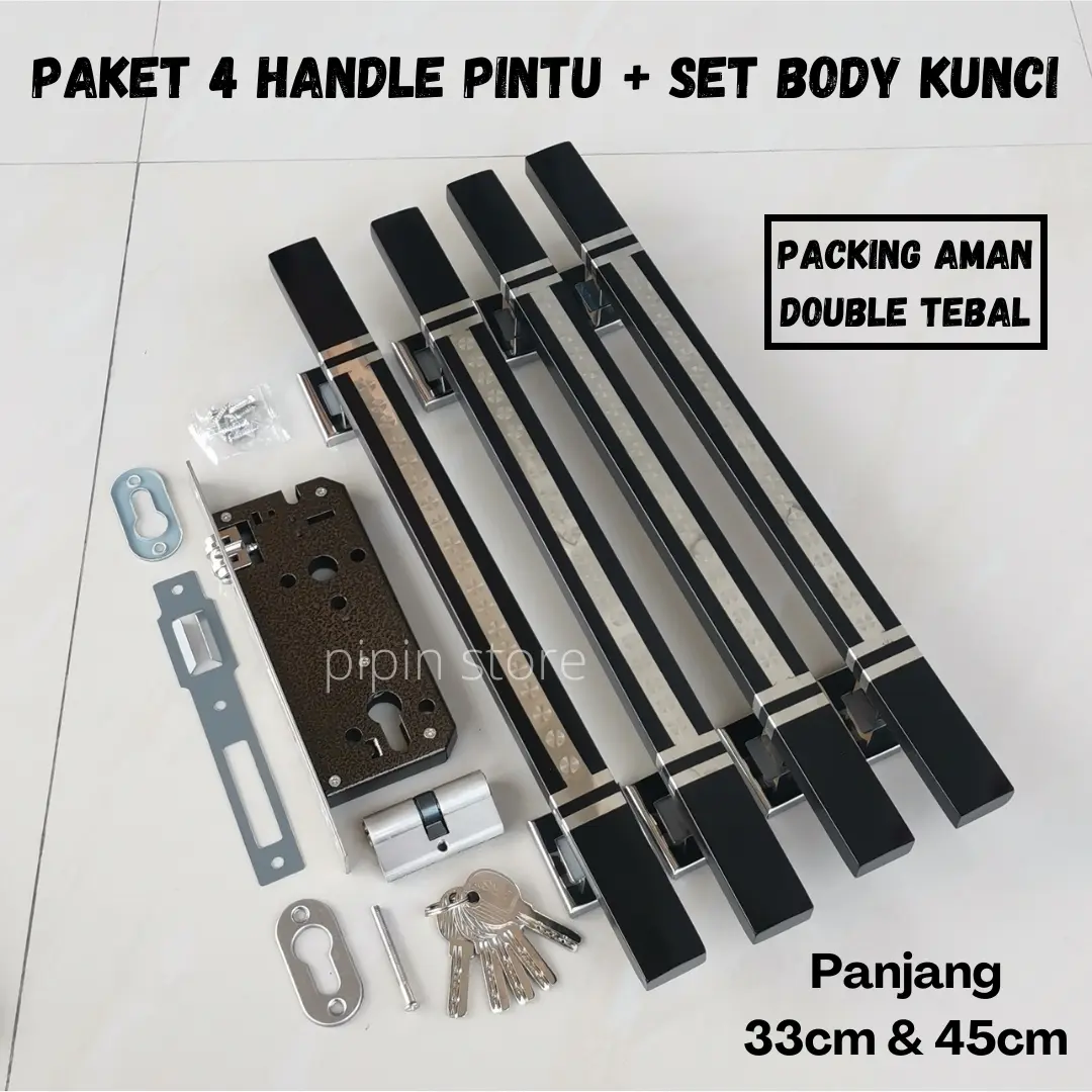 Paket Handle Pintu Set Kunci Rumah 60cm 45cm Stainless - Tarikan Gagang Pintu 2 Daun Minimalis - Body Kunci Tebal Awet Lengkap
