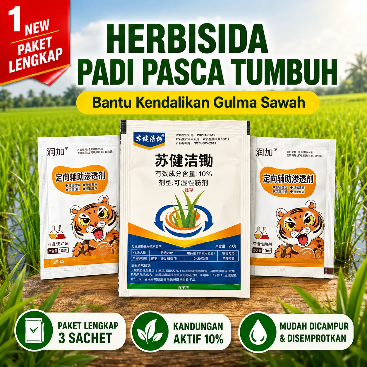 Herbisida Padi Pasca Tumbuh Paket 3 Sachet, Bantu Kendalikan Gulma Sawah, Kandungan Aktif 10%, Mudah Dicampur dan Disemprotkan