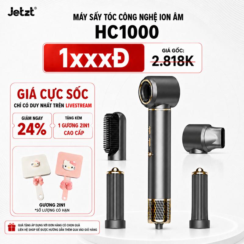 Máy Sấy Tóc Tạo Kiểu JETZT HC1000 Cao Tốc, Sấy Nhanh, Giảm Xơ Rối, Tóc Mềm Mượt, 200 Triệu Ion Âm, 5 Đầu Sấy Từ Tính