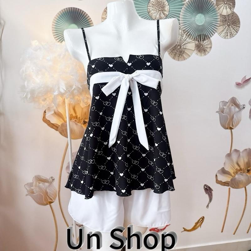 (40kg-75kg) Unshop Đồ Ngủ Lụa Hồng Ngọc 2 Dây Form Dáng Xoè thoải mái, dây áo có tăng đưa, phối nơ dễ thương. Women Nữ Nhung Voi tole  nhà do boxinh xinh❤️