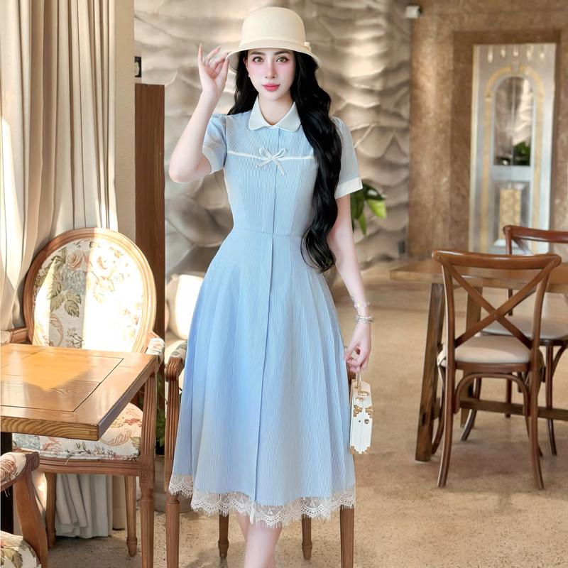  Váy xanh kẻ sọc thiết kế công sở dáng xòe nhẹ tay ngắn xinh thanh lịch thiết kế cao cấp đi làm đi tiệc eo tôn dáng Lux W Fashion 