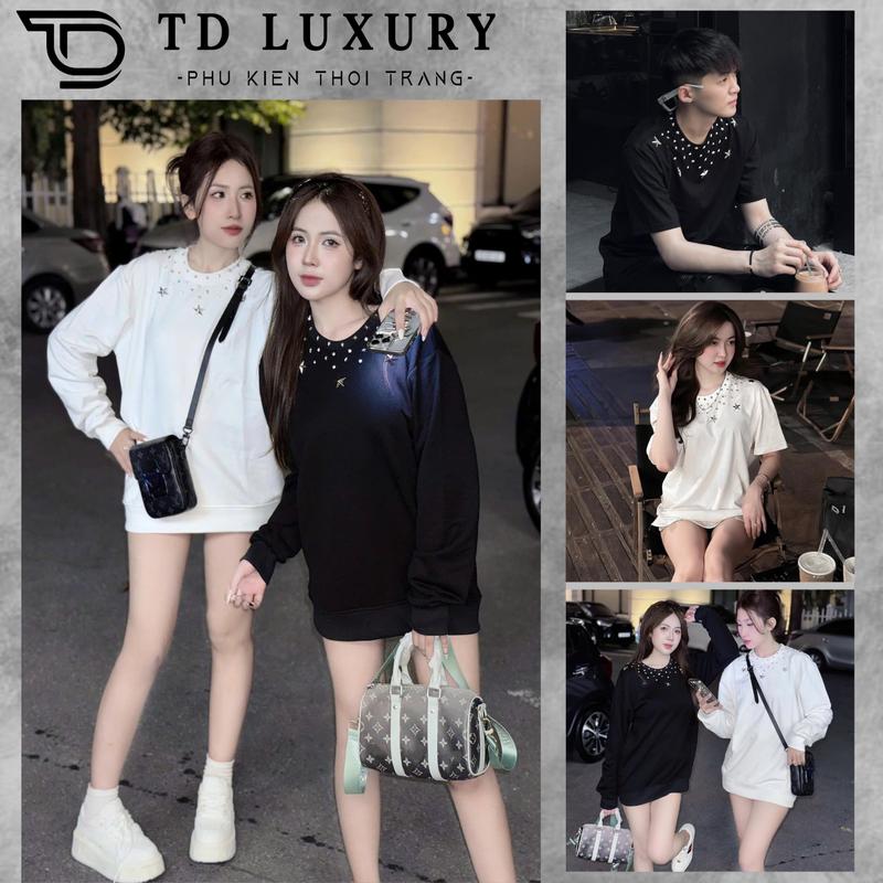 Áo phông unisex đính đá ngôi sao quanh vành cổ basic ngắn và dài tay nam nữ vải cotton nỉ hot trend | TD Luxury Menswear Top Cổ Tròn Trắng