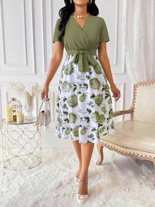Vestido maxi elegante para mujer con estampado floral, cuello en V superpuesto y mangas cortas