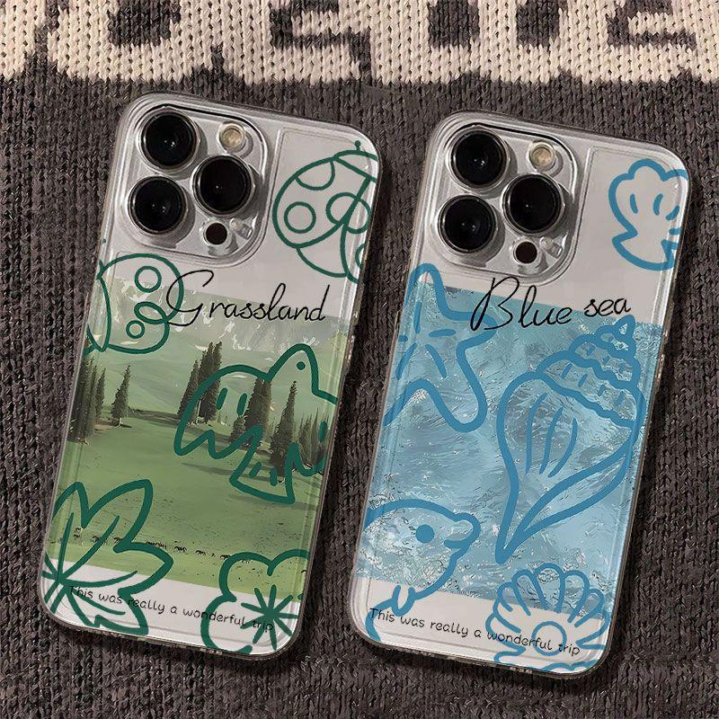 Clear case with hand-drawn grassland and sea pattern. Minimalist Instagram…