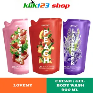 Lovemy Gel / Cream Body Wash Refill 900ml | Sabun Mandi Cair Isi Ulang | Varian Lavender, Strawberry & Peach | Wangi Tahan Lama, Lembut di Kulit
