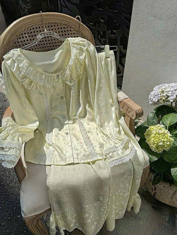 N279- Pijama dài tay tiểu thư xanh bơ cúc ngọc cho nữ- Bộ ngủ lụa hàng quảng châu cao cấp cho nữ (women)