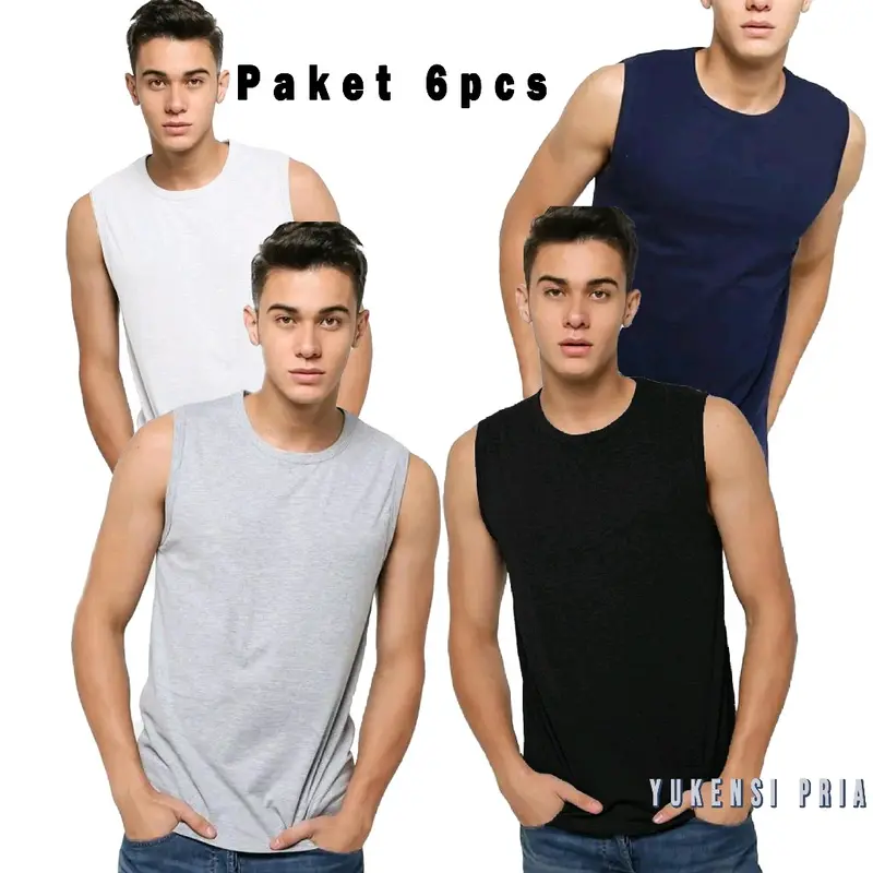 Paket 6 Pcs Kaos Baju Dalam Pria Singlet Yukensi Dewasa Polos Cotton Hitam Putih - Oblong, Tank, Katun, Atasan, Cowok Keren Slim Vit S-M-L-XL Fit warna mix kutang 0