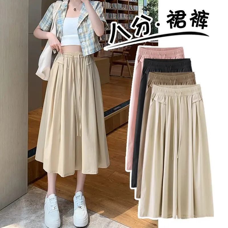 Quần Culottes Ống Rộng Lụa Lạnh Quần Cropped Nhỏ Xếp Ly Bó Sát Cạp Cao Mỏng Mùa Hè Cho Nữ Quần Ống Đứng Thường Ngày Che Kín