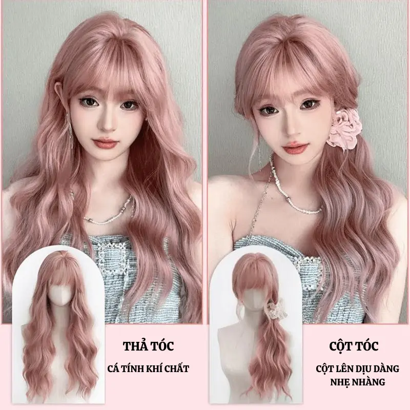 Tóc Giả, Chất Liệu Lụa Nhân Tạo, Tóc Siêu Da Đầu, Kiểu Xoăn Dài Với Tóc Mái Kiểu Pháp, Chịu Được Nhiệt Độ Cao Đến 140 Độ, Dài Trung Tâm 60 Cm, Trọng Lượng 400 Gram, Dành Cho Nữ 4