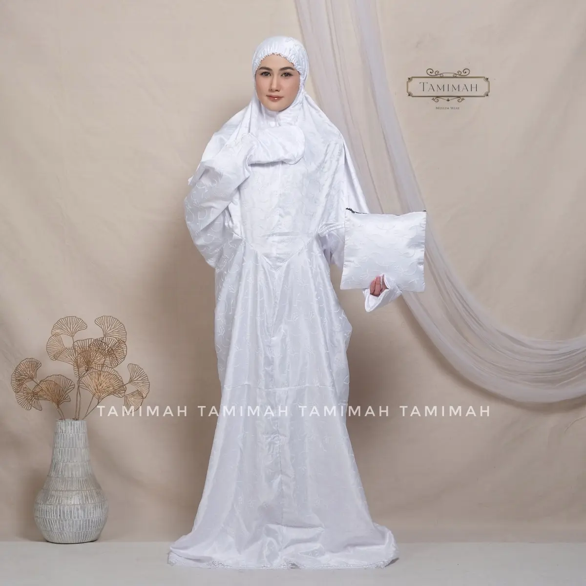 Mukena Terusan Dewasa Sutra Prada Putih