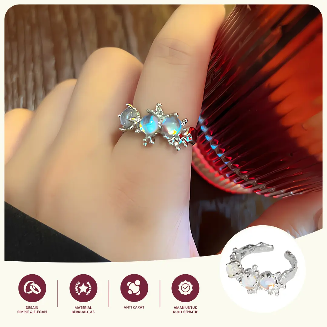 Cincin Wanita Triple Moonstone Glow Silver | 3 Batu Berkilau Elegan Adjustable