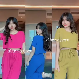 ALFAZZA ZIZE SET CARGO Hits Kekinian Crinkle Airflow Setelan Atasan Celana Wanita Polos Crop Top Bahan Premium Adem dengan Saku dan Tali Serut