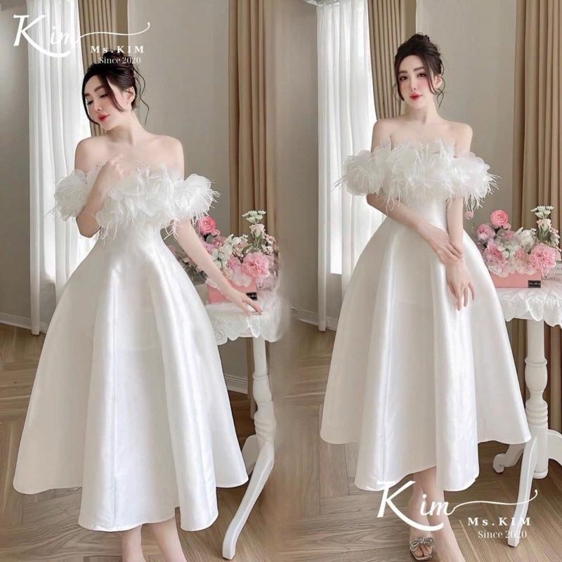  Váy Đầm Thiết Kế Đi Bàn Tiệc KB259 Đính Hoa Trễ Vai Che Bắp Tay Sang Chảnh Cao Cấp - Kinh Bắc Trend 