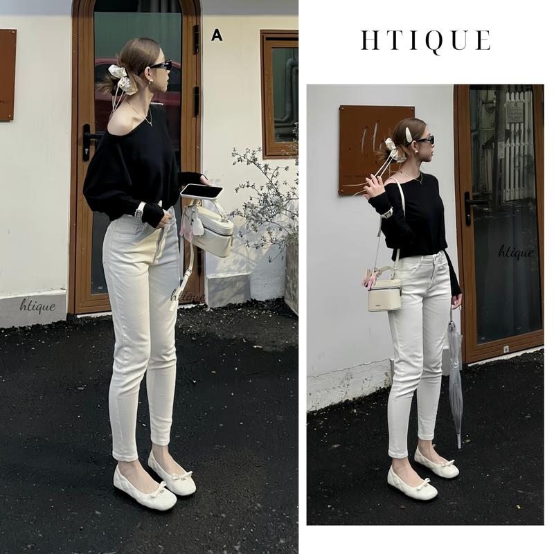  HTIQUE - Mở bán Quần JEAN nữ cạp thấp Quần jean trắng cao cấp dễ phối đồ len QB01 