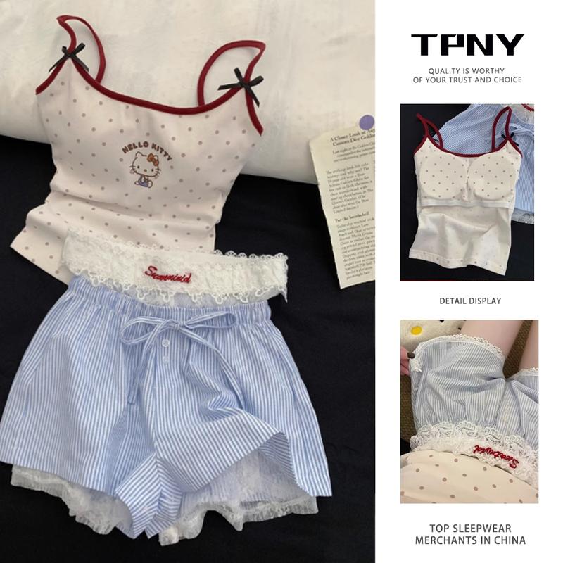 Bộ Đồ Ngủ In Hình Hello Kitty Dễ Thương Dành Cho Nữ Bộ Quần Đùi Kẻ Sọc Ren Thích Hợp Cho Mùa Xuân Và Mùa Hè