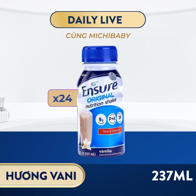 [DEAL MICHI BABY] 1 THÙNG 24 CHAI SỮA ENSURE ORIGINAL DẠNG LỎNG HƯƠNG VANI 237ML