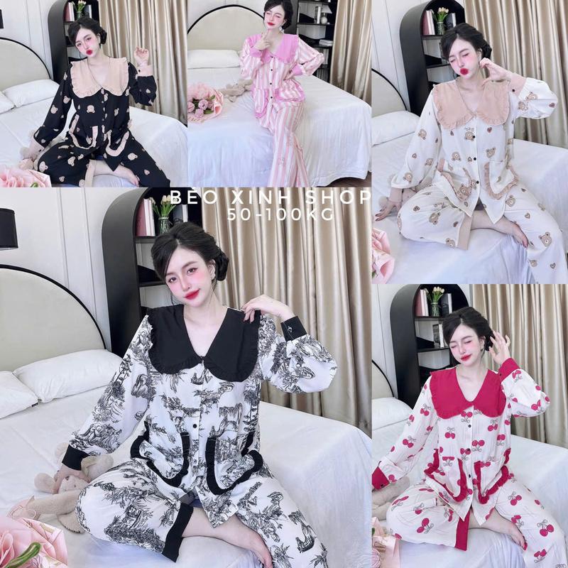 Đồ Bộ - Đồ Ngủ Tay Dài Quần Dài Vải Lụa Nhật Phối Cổ Bèo Tiểu Thư Pijama Bigsize 50-100kg Bộ Ngủ Nữ Áo Ngủ Women Quần Ngủ - A.5645