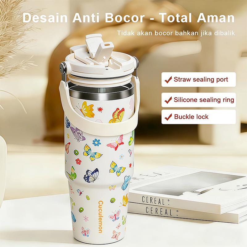 CucuLemon Tumbler Stainless Vacuum 890ML Botol Minum Besar Termos Anti Kebocoran Desain Kupu-Kupu Cantik & Merah Muda Pita CucuLemon Tumbler Stainless Vacuum 890ML Botol Minum Besar Termos Anti Kebocoran Desain Kupu-Kupu Cantik & Merah Muda Pita