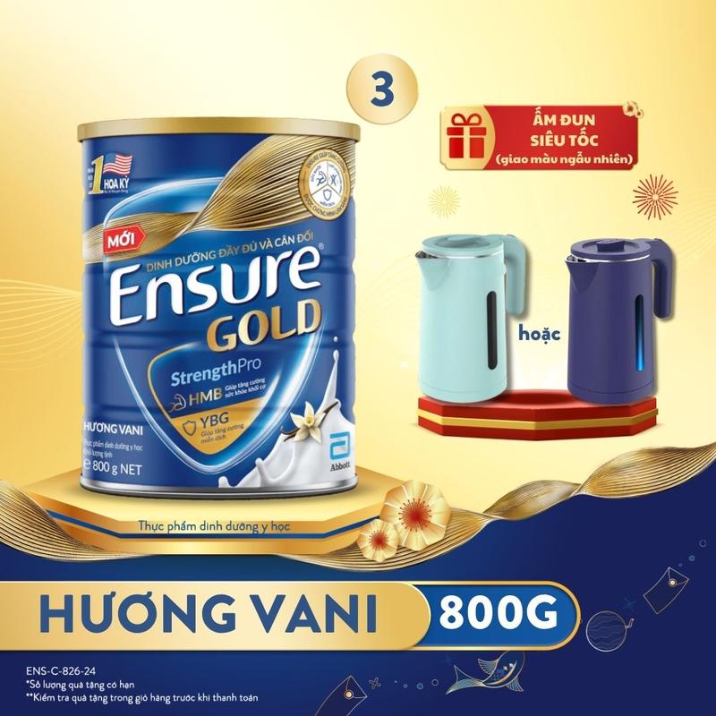 [TẶNG ẤM ĐUN NƯỚC ENSURE] COMBO 3 LON SỮA ENSURE GOLD DẠNG BỘT HƯƠNG VANI 800G