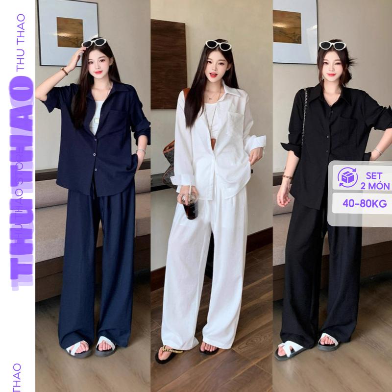 Set đồ nữ đẹp 2 món áo sơ mi mix quần ống suông rộng vải Đũi Xước Tơ Hàn Form Rộng Đẹp có BIGSIZE - Nữ